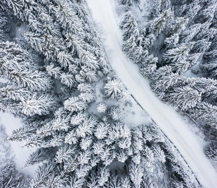Drönarbild på väg som går genom en snötäckt skog.